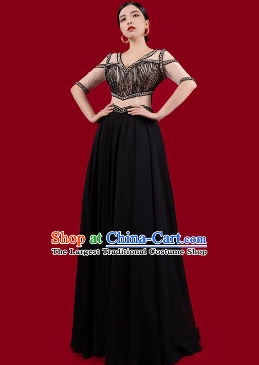 Top Grade Annual Meeting Clothing Catwalks Embroidered Beads Full Dress Stage Show Black Slim Dress
