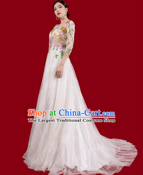 Top Grade Catwalks Embroidered Flowers Full Dress Annual Meeting Stage Show Trailing Dress Clothing