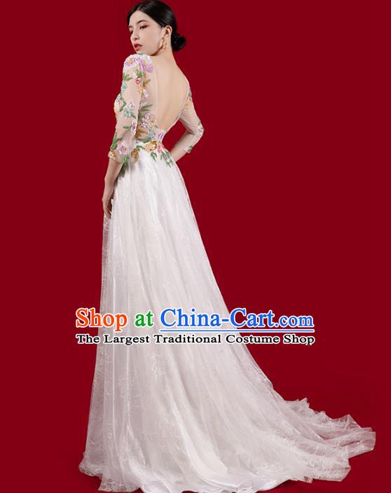 Top Grade Catwalks Embroidered Flowers Full Dress Annual Meeting Stage Show Trailing Dress Clothing