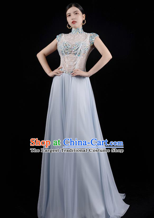 Top Grade Catwalks Clothing Embroidered Beads Tassel Full Dress Annual Meeting Stage Show Blue Dress
