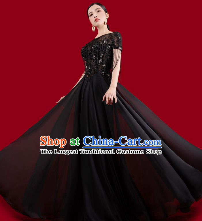 Top Grade Catwalks Embroidered Clothing Beads Tassel Full Dress Annual Meeting Stage Show Black Dress