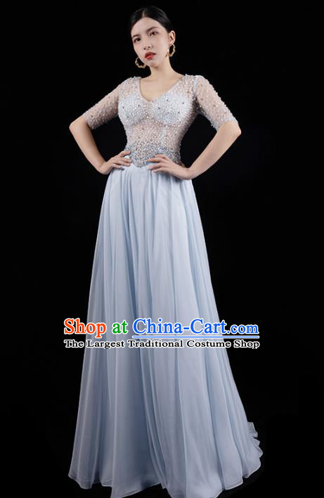 Top Grade Stage Show Clothing Embroidery Beads Light Blue Full Dress Annual Meeting Dress