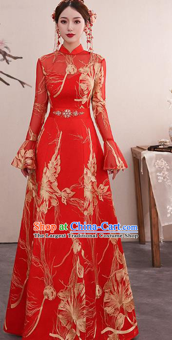 Chinese Traditional Wedding Bride Red Cheongsam Clothing Classical Embroidered Toast Dress