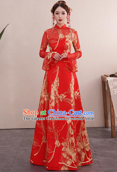 Chinese Traditional Wedding Bride Red Cheongsam Clothing Classical Embroidered Toast Dress