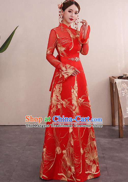 Chinese Traditional Wedding Bride Red Cheongsam Clothing Classical Embroidered Toast Dress