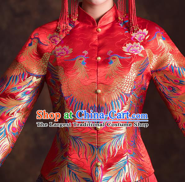 China Classical Xiuhe Suits Red Brocade Blouse and Dress Traditional Wedding Bride Costumes
