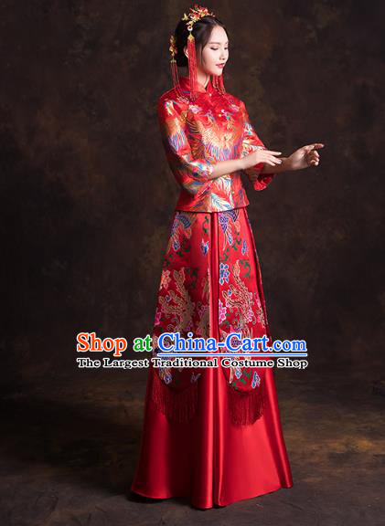 China Classical Xiuhe Suits Red Brocade Blouse and Dress Traditional Wedding Bride Costumes