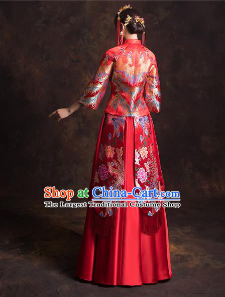 China Classical Xiuhe Suits Red Brocade Blouse and Dress Traditional Wedding Bride Costumes