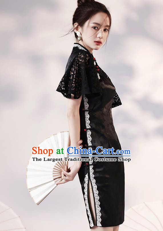Chinese Classical Lace Sleeve Qipao Dress Traditional Modern Young Lady Black Short Cheongsam Clothing