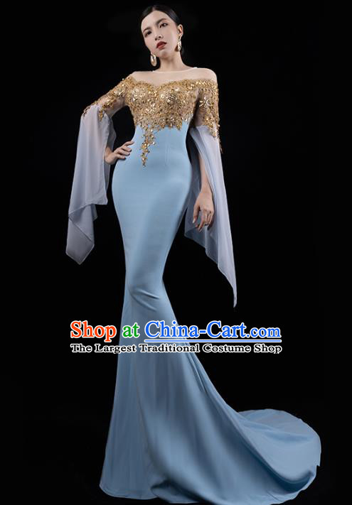 Top Grade Compere Full Dress Annual Meeting Blue Trailing Dress Catwalk Performance Clothing