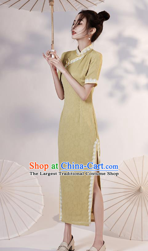 China Traditional Young Lady Yellow Qipao Dress National Modern Dance Lace Cheongsam