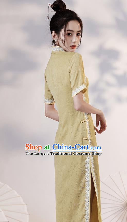 China Traditional Young Lady Yellow Qipao Dress National Modern Dance Lace Cheongsam