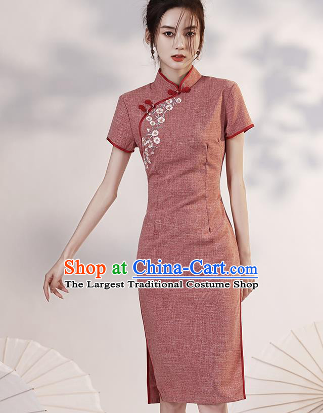 Chinese Embroidered Rust Red Cheongsam Clothing Modern Dance Short Qipao Dress