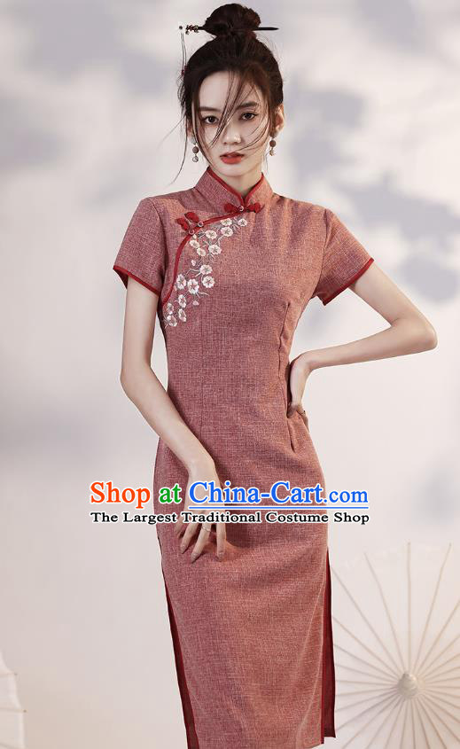Chinese Embroidered Rust Red Cheongsam Clothing Modern Dance Short Qipao Dress