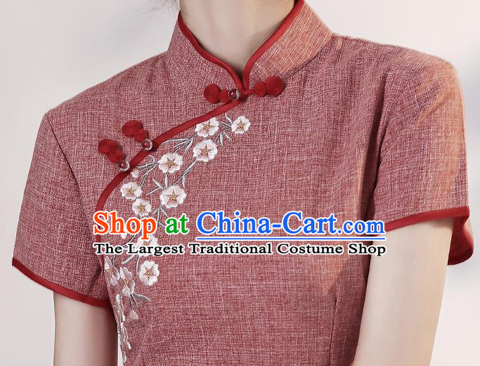 Chinese Embroidered Rust Red Cheongsam Clothing Modern Dance Short Qipao Dress