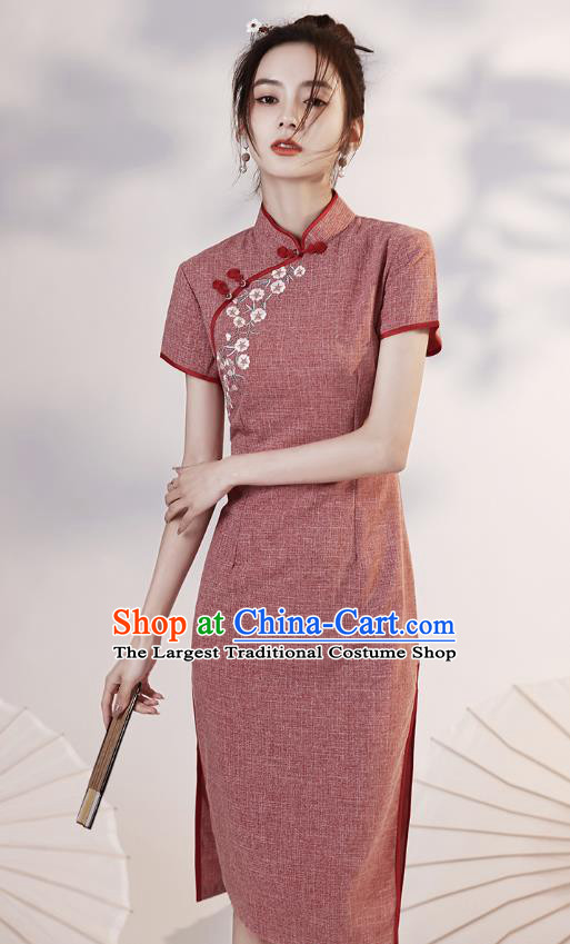 Chinese Embroidered Rust Red Cheongsam Clothing Modern Dance Short Qipao Dress