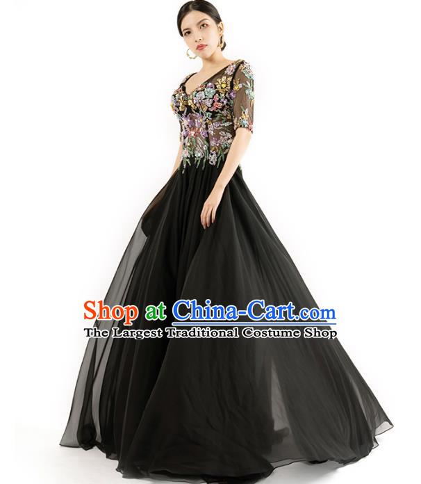 Top Grade Annual Meeting Embroidered Black Veil Dress Compere Full Dress Catwalk Performance Clothing