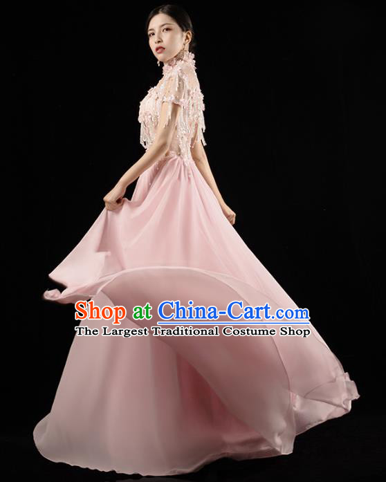 Top Grade Catwalk Pink Beads Tassel Dress Annual Meeting Performance Clothing Compere Full Dress