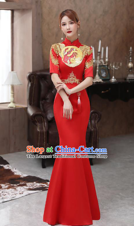 Chinese Stage Show Red Fishtail Qipao Dress Embroidery Phoenix Cheongsam Catwalks Modern Dance Costume