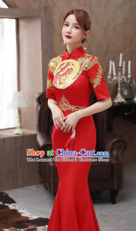 Chinese Stage Show Red Fishtail Qipao Dress Embroidery Phoenix Cheongsam Catwalks Modern Dance Costume