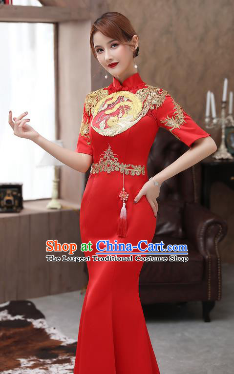Chinese Stage Show Red Fishtail Qipao Dress Embroidery Phoenix Cheongsam Catwalks Modern Dance Costume