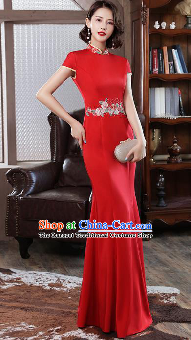 Chinese Modern Catwalks Costume Stage Show Red Qipao Dress Embroidery Tippet Cheongsam