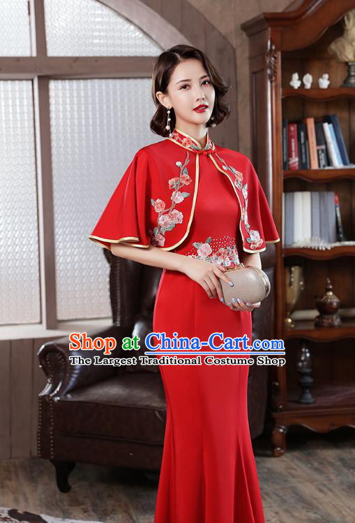 Chinese Modern Catwalks Costume Stage Show Red Qipao Dress Embroidery Tippet Cheongsam