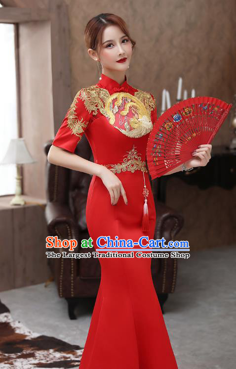 Chinese Stage Show Red Fishtail Qipao Dress Embroidery Phoenix Cheongsam Catwalks Modern Dance Costume