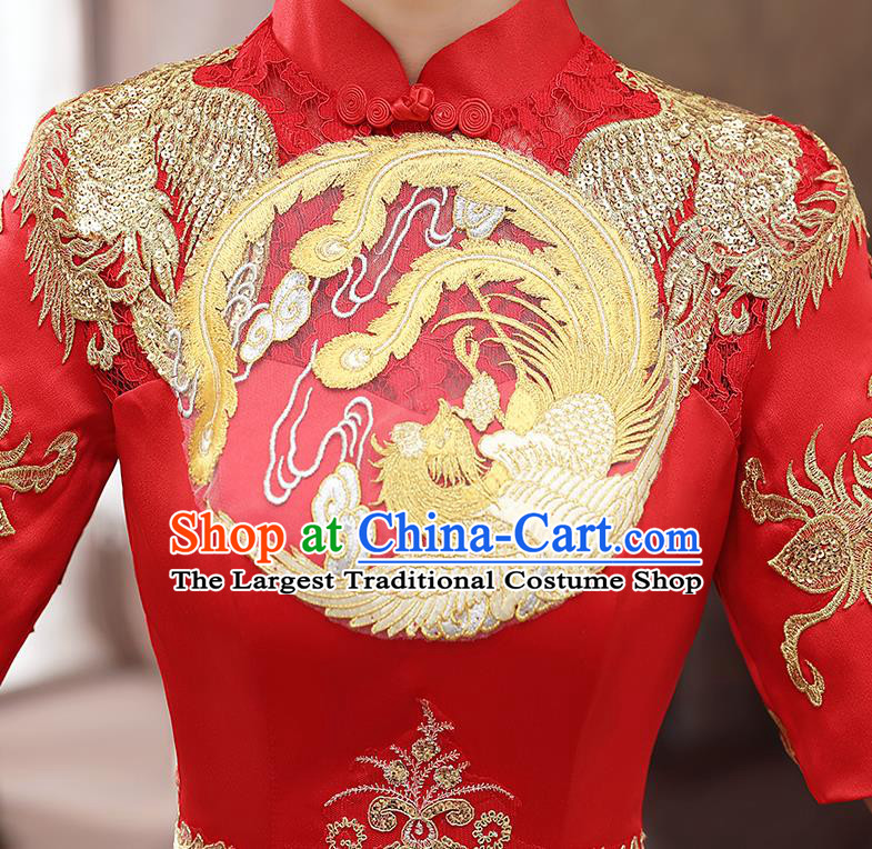Chinese Stage Show Red Fishtail Qipao Dress Embroidery Phoenix Cheongsam Catwalks Modern Dance Costume