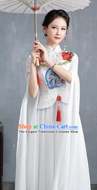 Chinese Modern Dance Costume Stage Show Qipao Dress Embroidered White Lace Cheongsam