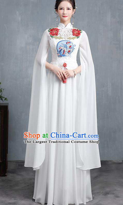 Chinese Modern Dance Costume Stage Show Qipao Dress Embroidered White Lace Cheongsam
