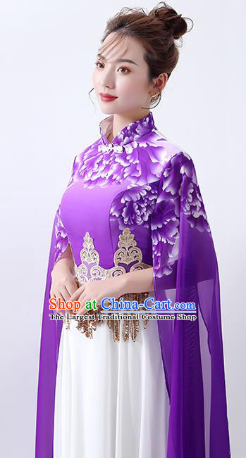 Chinese Classical Dance Cheongsam Chorus Performance Costume Printing Peony Purple Qipao Dress