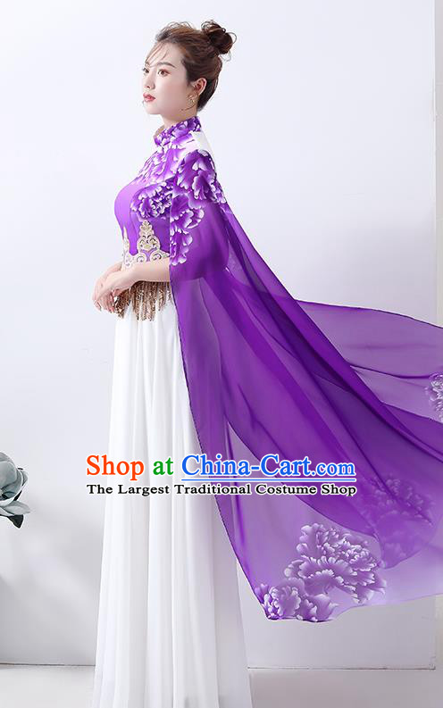 Chinese Classical Dance Cheongsam Chorus Performance Costume Printing Peony Purple Qipao Dress