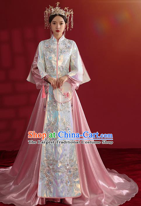 China Bride Dress Traditional Wedding Costumes Classical Embroidered Pink Xiuhe Suit