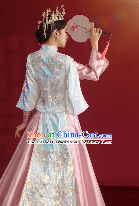 China Bride Dress Traditional Wedding Costumes Classical Embroidered Pink Xiuhe Suit