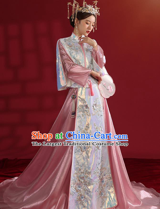 China Bride Dress Traditional Wedding Costumes Classical Embroidered Pink Xiuhe Suit