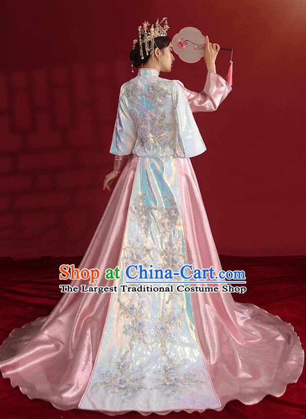 China Bride Dress Traditional Wedding Costumes Classical Embroidered Pink Xiuhe Suit