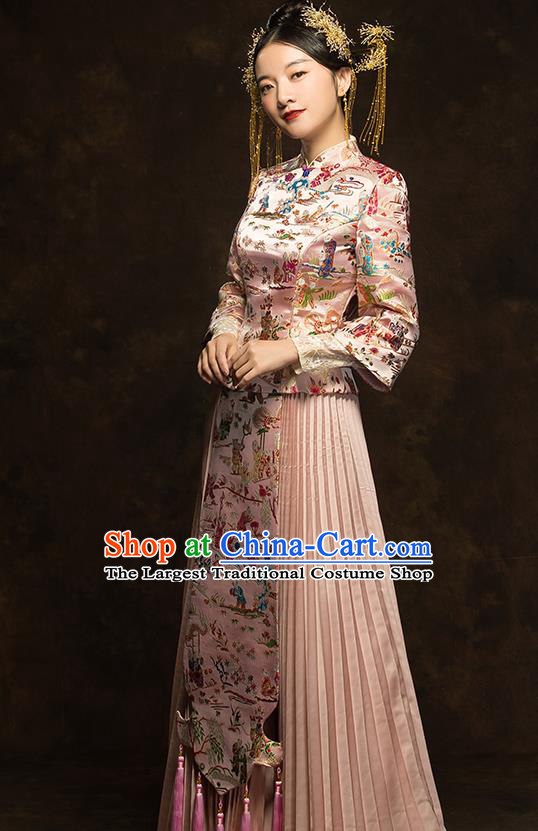 China Classical Embroidered Pink Xiuhe Suit Bride Dress Traditional Wedding Costumes