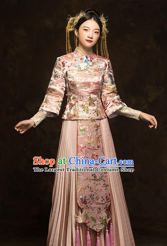 China Classical Embroidered Pink Xiuhe Suit Bride Dress Traditional Wedding Costumes