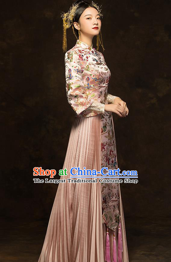 China Classical Embroidered Pink Xiuhe Suit Bride Dress Traditional Wedding Costumes