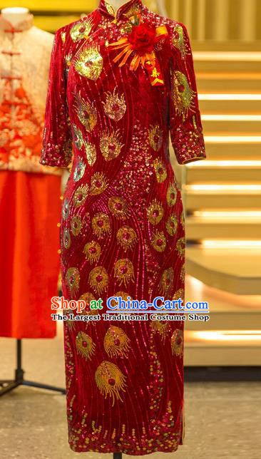 Chinese Traditional Mother Red Qipao Dress Wedding Elderly Woman Velvet Cheongsam