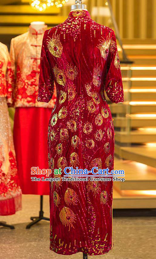 Chinese Traditional Mother Red Qipao Dress Wedding Elderly Woman Velvet Cheongsam