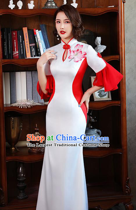 Chinese Modern Embroidery Lotus Cheongsam Catwalks Costume Stage Show White Satin Qipao Dress