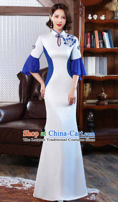 Chinese Stage Show White Satin Qipao Dress Modern Embroidery Lotus Cheongsam Catwalks Costume