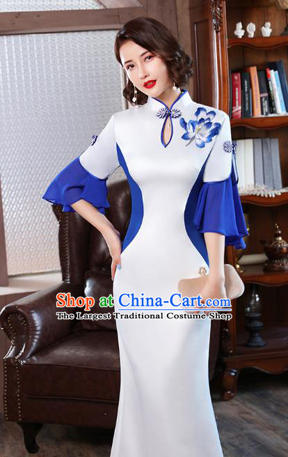Chinese Stage Show White Satin Qipao Dress Modern Embroidery Lotus Cheongsam Catwalks Costume