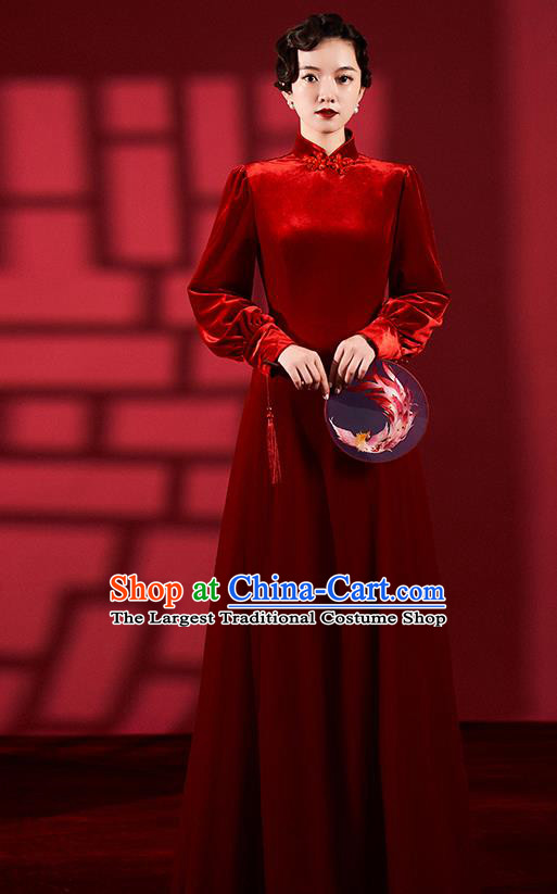 Chinese Classical Dance Red Qipao Dress Clothing Traditional Wedding Velvet Cheongsam