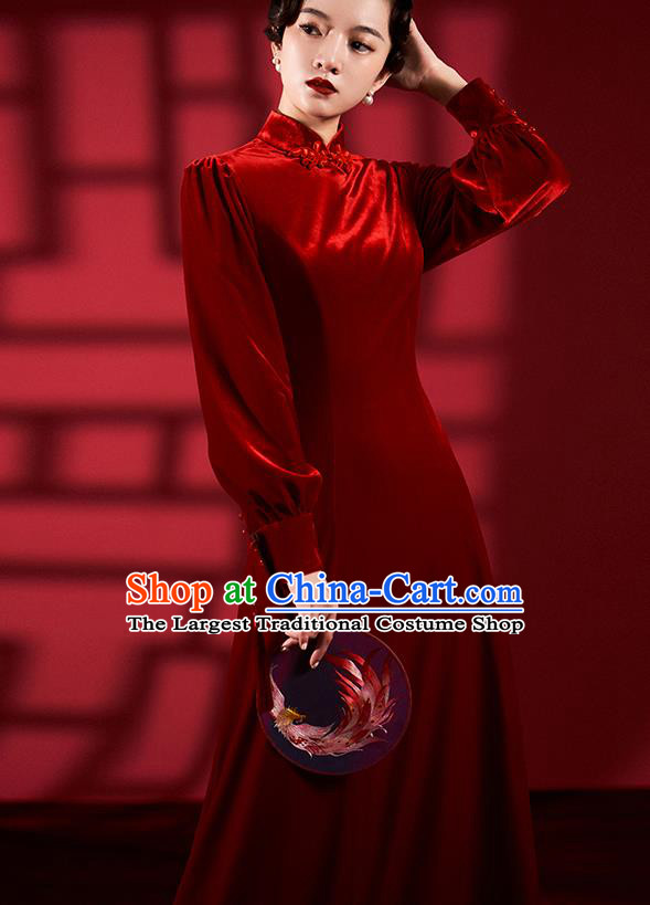 Chinese Classical Dance Red Qipao Dress Clothing Traditional Wedding Velvet Cheongsam