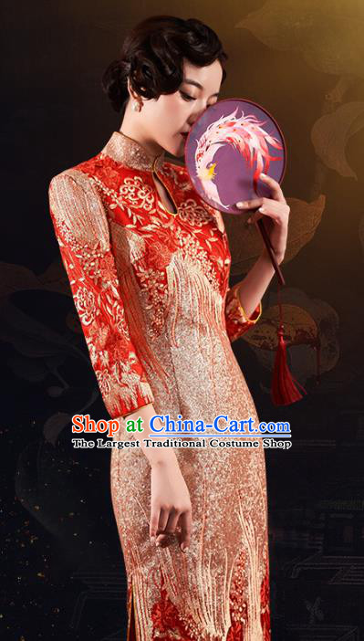 Chinese Bride Qipao Dress Clothing Traditional Wedding Embroidered Red Brocade Cheongsam