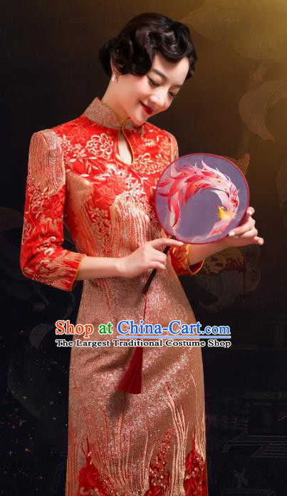 Chinese Bride Qipao Dress Clothing Traditional Wedding Embroidered Red Brocade Cheongsam