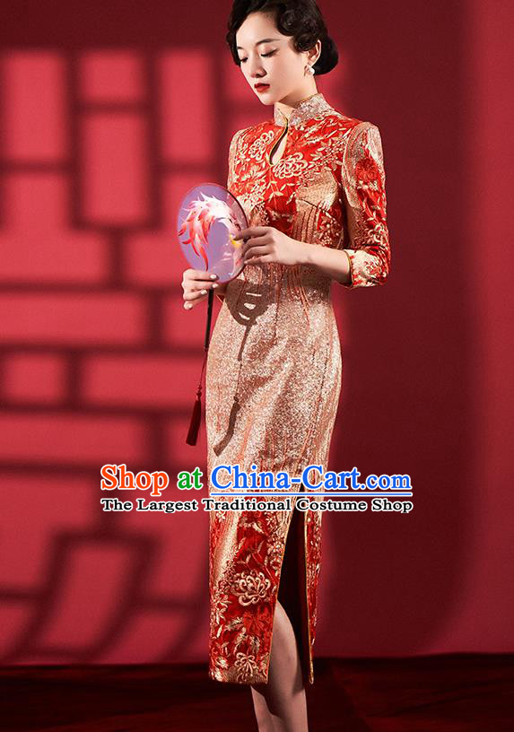 Chinese Bride Qipao Dress Clothing Traditional Wedding Embroidered Red Brocade Cheongsam